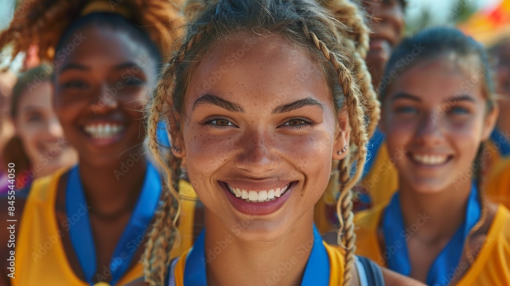 Fototapeta premium Happy Young Athletes Celebrating Victory with Medals