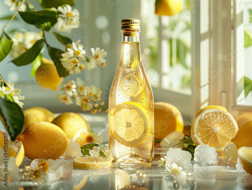 レモンウォーター、レモン果汁とフレッシュレモン　Lemon water, lemon juice and fresh lemons.Generative AI photo