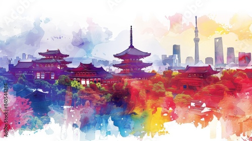 A colorful painting of a city with a large tower in the background. The painting is full of vibrant colors and has a dreamy, almost surreal feel to it. The cityscape is filled with buildings and trees
