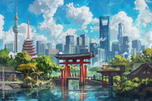 A painting of a city with a bridge and a tower in the background. The mood of the painting is serene and peaceful photo