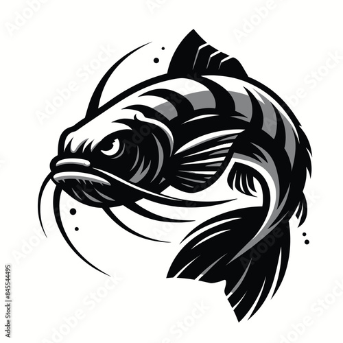 cartoon illustration of a fierce catfish in black and white