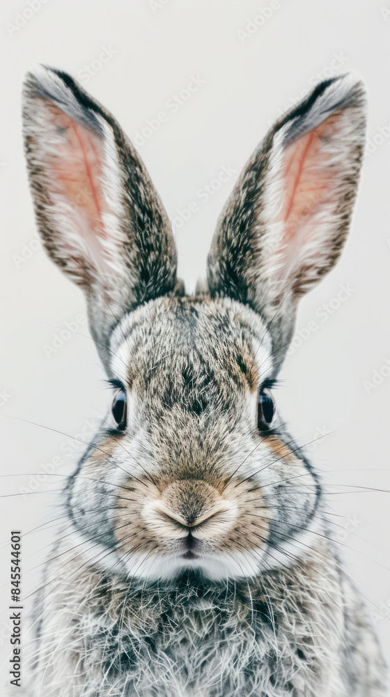 Obraz premium Close Up Portrait of a Curious Rabbit with Long Ears and Detailed Fur Showing Texture and Intricacies Against a Plain Background