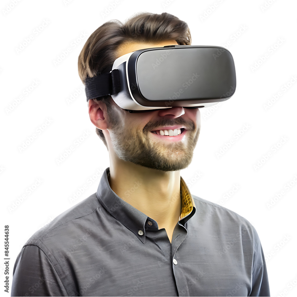 Happy man trying virtual headset Happy man trying virtual headset