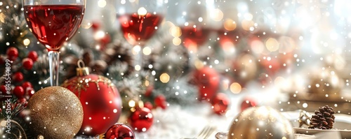 A festive table setting with a glass of red wine and a bunch of red and gold ornaments