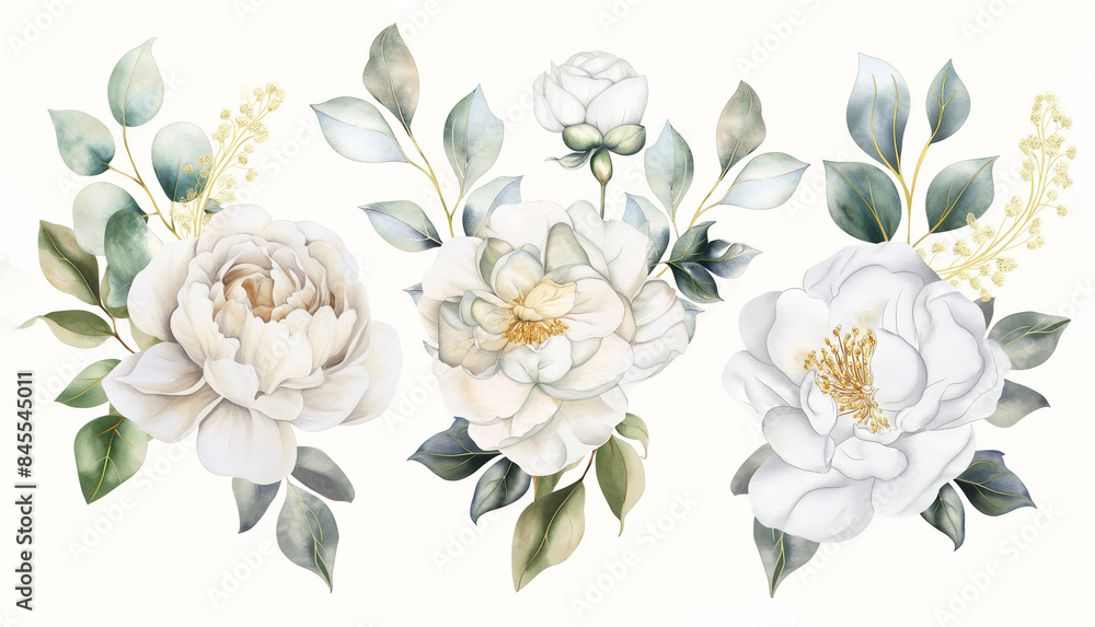 Fototapeta premium Watercolor White Flowers, set of floral illustration bouquet, white rose, peony, green and gold leaf branches collection