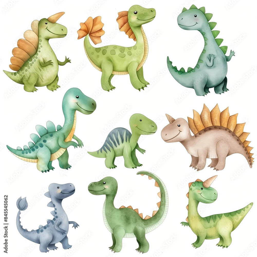 Obraz premium set of little cartoon watercolor dinosaurs on white, dinosaur drawing collection