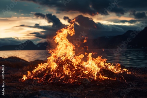 Immerse yourself in the vibrant celebration of the Midnight Sun Party in Norway, as the dancing flames of a bonfire illuminate the night against the breathtaking backdrop of the midnight sun.