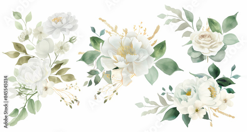Watercolor White Flowers, set of floral illustration bouquet, white rose, peony, green and gold leaf branches collection