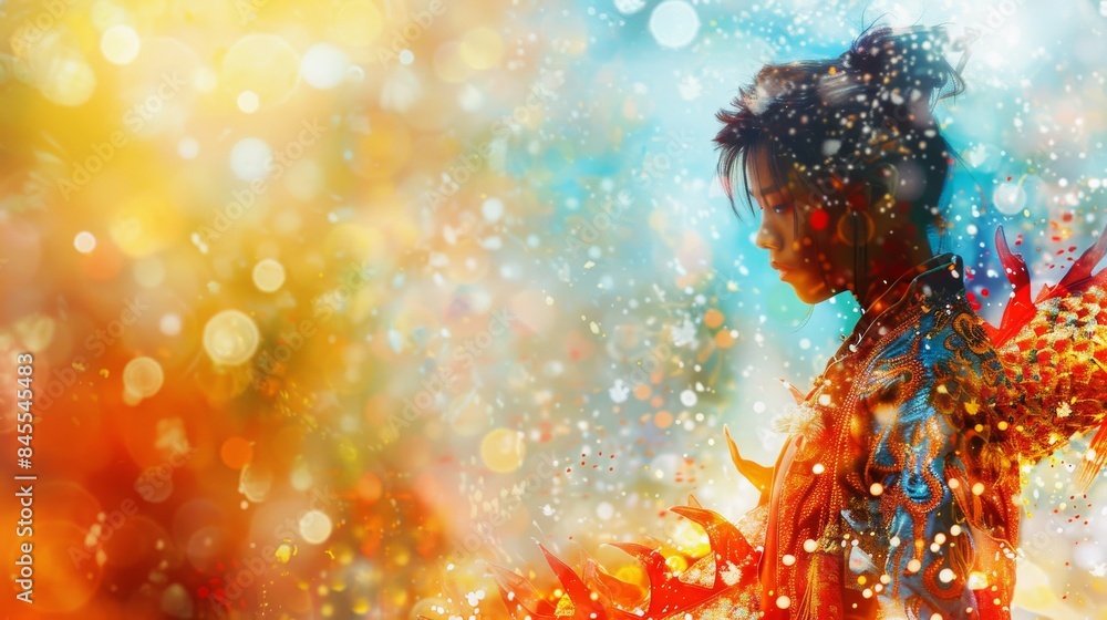 A woman is standing in a field of orange leaves. The leaves are falling and the sky is blue A woman is standing in a field of orange leaves. The leaves are falling and the sky is blue