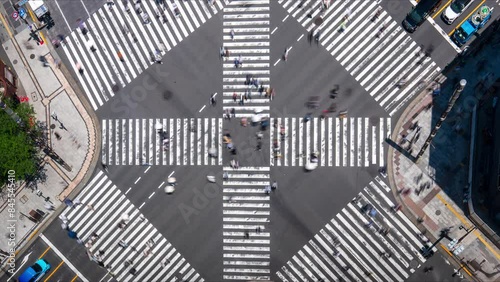 Time lapse Video Top View of Ginza crossing at the time of termination. Many people and cars are passing through Tokyo. Crosswalk. Intersection in Tokyo,Japan