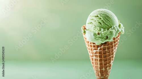 Ice cream cone with pistachio, on a pastel background