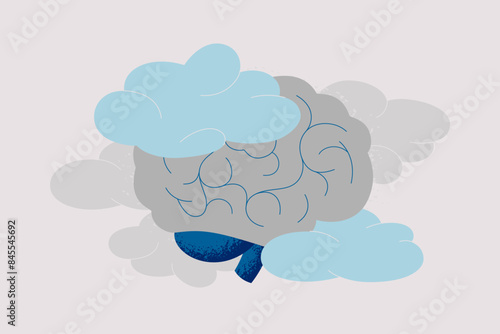 Fog brain concept. Human brain surrounded by clouds. Problems with concentration and memories. Mental Health and neurological disorders. Vector illustration