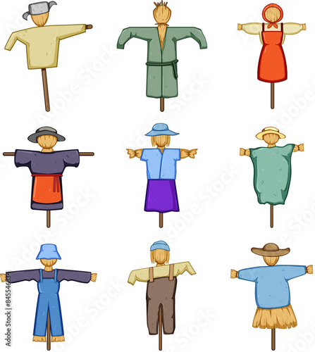 scarecrow set cartoon. crow farm, happy cute, harvest scare scarecrow sign. isolated symbol vector illustration