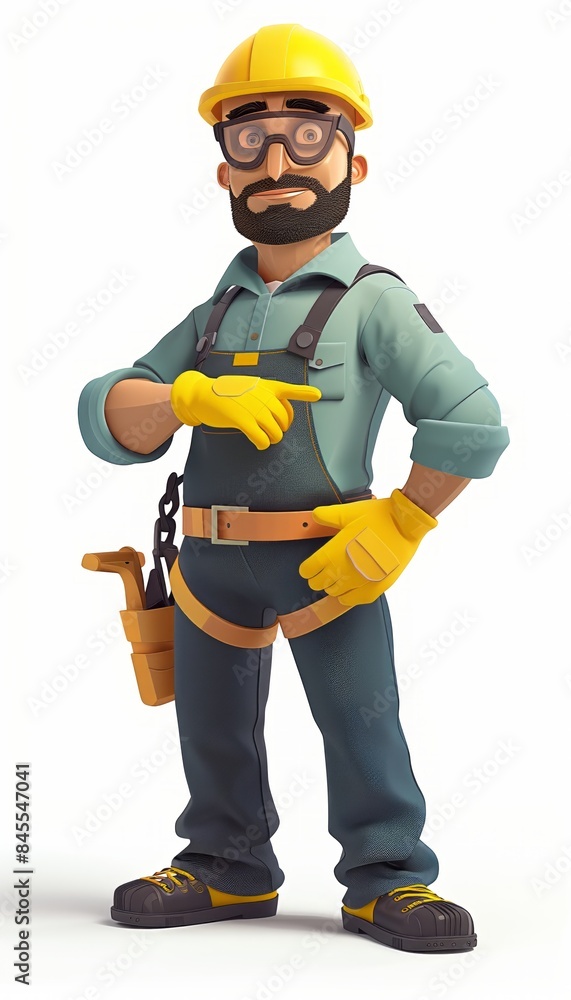 A cartoon construction worker stands confidently with arms crossed, wearing a yellow hardhat, safety glasses, and overalls. A cartoon construction worker stands confidently with arms crossed, wearing a yellow hardhat, safety glasses, and overalls.