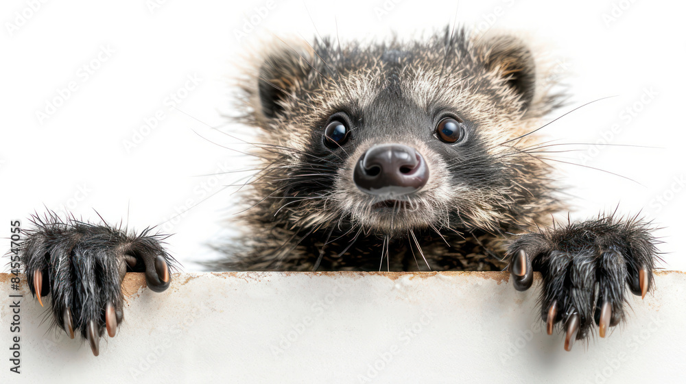 Naklejka premium Adorable Close Up of a Curious Young Raccoon Peering Over a White Surface with Wide Eyes and Outstretched Paws, Showcasing Its Delicate Whiskers and Playful Nature in a Whimsical Wildlife Encounter