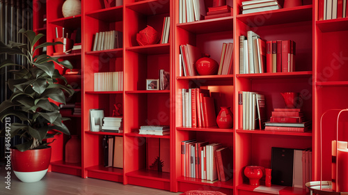 Mockup of bookshelf in front view  full of books and decorations in vivid red color tone. Built-in bookshelves in modern style.
