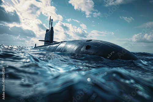 Generic military nuclear submarine floating in the ocean while launching an undersea torpedo missile, illustrating naval warfare capabilities photo