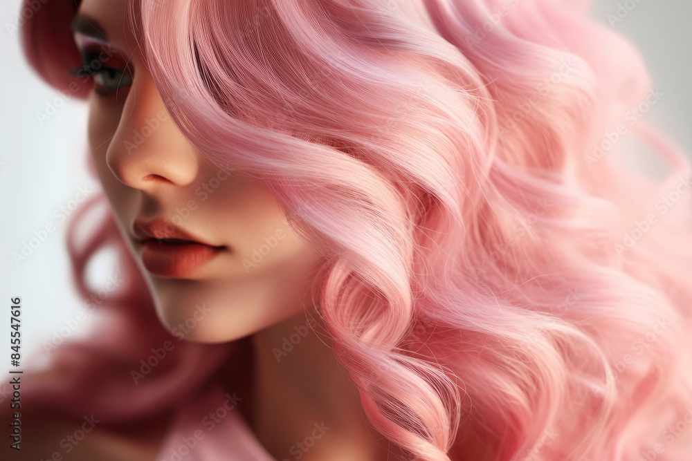 Beautiful young woman with long wavy pastel pink hair. Perfect hairstyle and hair coloring. Mermaid or unicorn color trendy hair. Beauty and fashion concept Beautiful young woman with long wavy pastel pink hair. Perfect hairstyle and hair coloring. Mermaid or unicorn color trendy hair. Beauty and fashion concept
