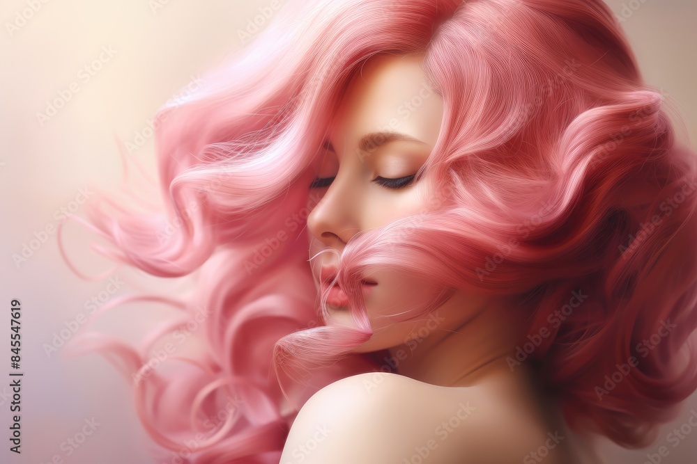 Fototapeta premium Beautiful young woman with long wavy pastel pink hair. Perfect hairstyle and hair coloring. Mermaid or unicorn color trendy hair. Beauty and fashion concept