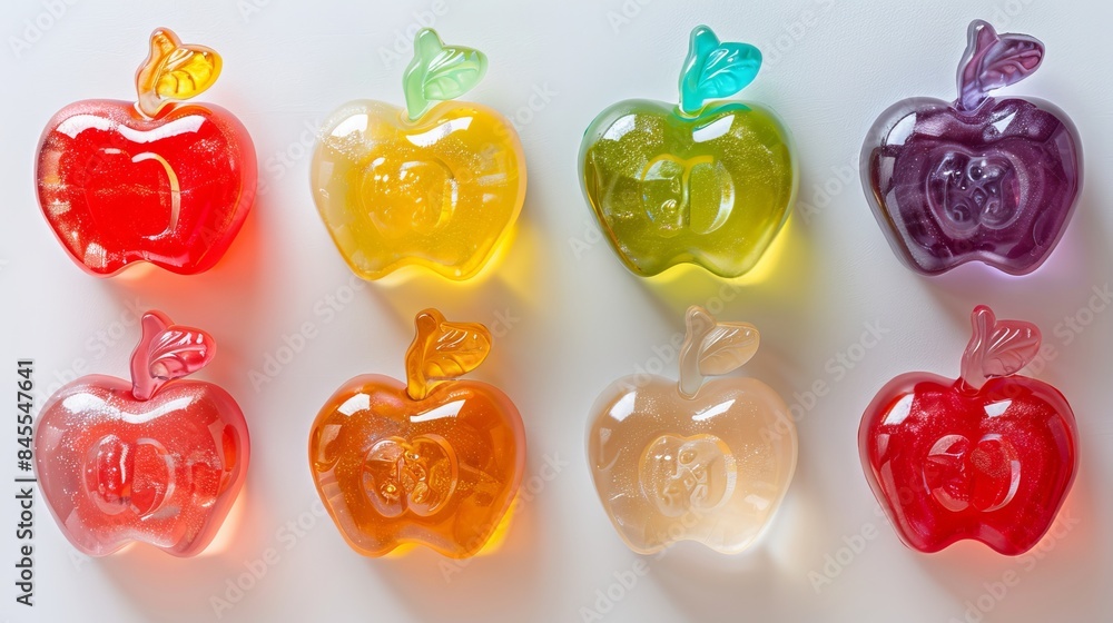 Assorted flavors of kiwi-shaped jelly fruit snacks, colorful and enticing, top view, isolated on a clean background, studio lighting Assorted flavors of kiwi-shaped jelly fruit snacks, colorful and enticing, top view, isolated on a clean background, studio lighting