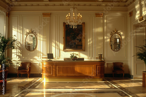 Hotel classic interior, wealth of design, comfortable chair placement.