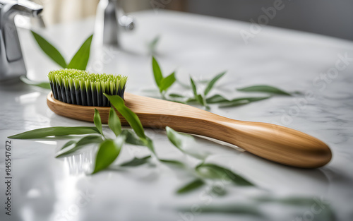 Eco-friendly bamboo brush on a white marble countertop  surrounded by green leaves  natural light