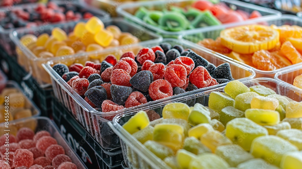 Assorted jelly fruits in packed crates, ready for shipment, showcasing a variety of flavors in a clean and orderly setting Assorted jelly fruits in packed crates, ready for shipment, showcasing a variety of flavors in a clean and orderly setting