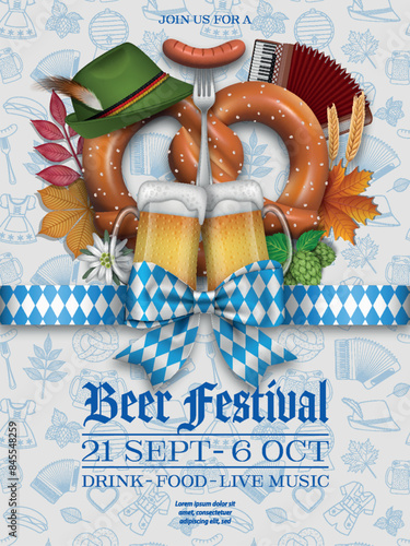 oktoberfest poster with pretzel, beer mugs and fall leaves. german beer festival flyer with bow and ribbon with bavarian flag colors