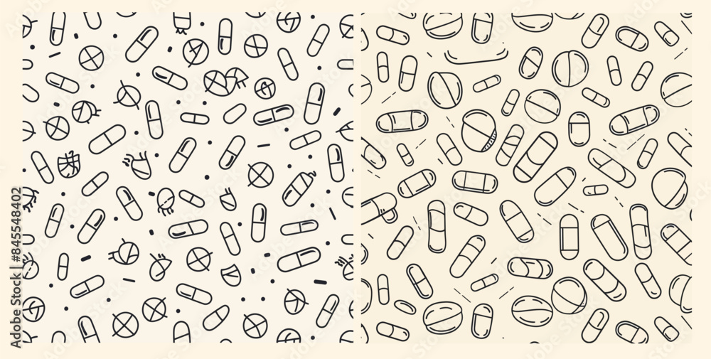 A seamless modern medicine pattern with pills and capsules in line style. Illustration of a pharmacy with tablets and capsules. Pharmacy concept background. A seamless modern medicine pattern with pills and capsules in line style. Illustration of a pharmacy with tablets and capsules. Pharmacy concept background.