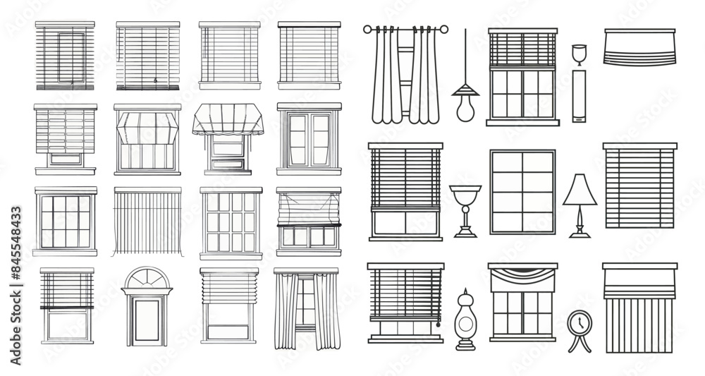 Set of curtain, blind and jalouise line graphics illustrating roller shutters, window sunblinds, mosquito nets and remote controls in outline style. Set of curtain, blind and jalouise line graphics illustrating roller shutters, window sunblinds, mosquito nets and remote controls in outline style.