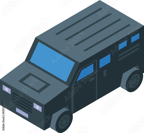 Isometric black armored car with bulletproof windows for transporting valuables or important people