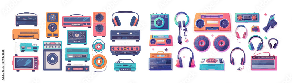 A modern set of nostalgic cartoon elements. Retro analog audio devices. Vinyl record player, vintage cassette player, turntable, headphones, retro cassette player. A modern set of nostalgic cartoon elements. Retro analog audio devices. Vinyl record player, vintage cassette player, turntable, headphones, retro cassette player.