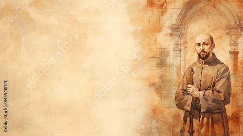 The painting of St. Ignatius of Loyola in Prayer in 16th-Century Spanish Church, Beige Background, Copyspace,Christian banner