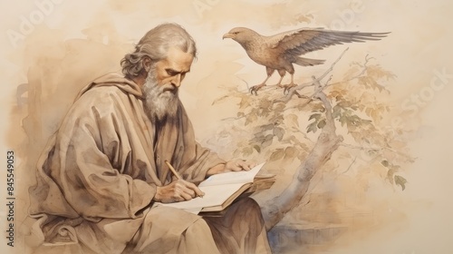 The painting of St. John the Apostle Writing Book of Revelation with Eagle and Patmos Island Symbols, Beige Background, Copyspace,Christian banner photo