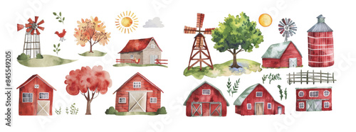 Set of watercolor illustrations showing a farm house and a nature scene