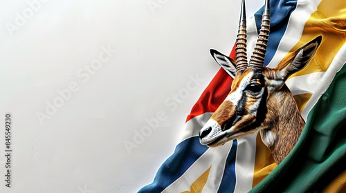 The flag of South Africa with a springbok, white background, super realistic, copy space