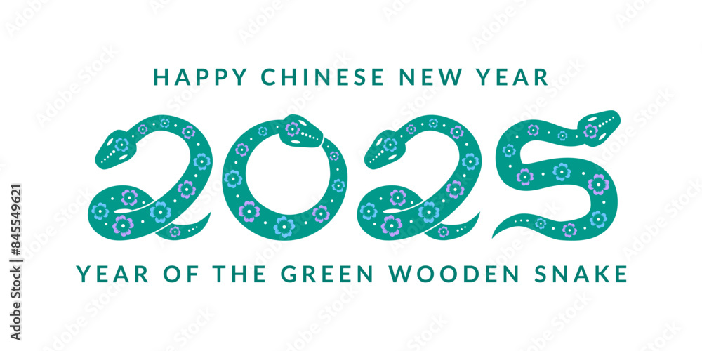Fototapeta premium Snake numbers 2025. Floral ornament. Happy Chinese New Year poster, banner, background, template. Pattern, symbol, sign, line, icon, silhouette, tattoo. Green woden snake.