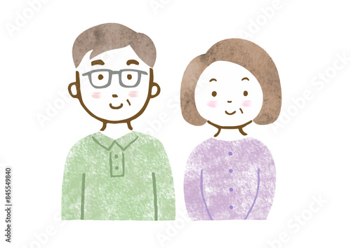 笑顔のシニア男女カップルの手描き上半身イラスト