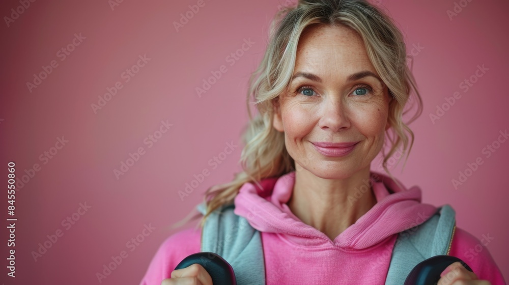 portrait of a cheerful beautiful middle-aged Caucasian woman in a tracksuit with dumbbells, studio shooting pink background portrait of a cheerful beautiful middle-aged Caucasian woman in a tracksuit with dumbbells, studio shooting pink background