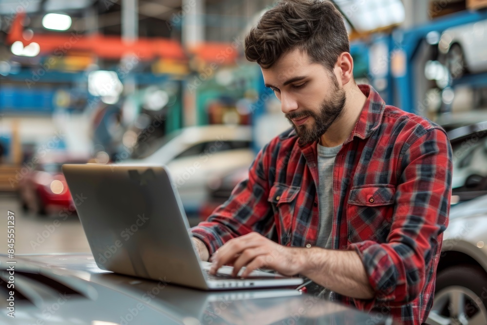Customer Browsing Online Auto Parts Catalog on Laptop in Modern Repair Shop Customer Browsing Online Auto Parts Catalog on Laptop in Modern Repair Shop