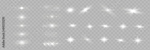 Glow isolated white transparent light effect set, lens flare, explosion, glitter, line, sun flash, spark and stars. Abstract special effect element design.