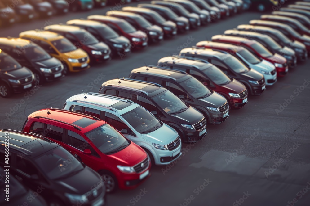 Fototapeta premium Detailed View of Diverse Car Rental Fleet with Varied Vehicle Colors and Models for Rent