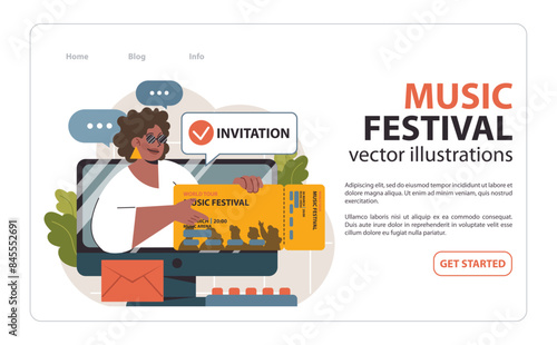 Excited fan receives an online invitation to the World Tour Music Festival. Flat vector illustration
