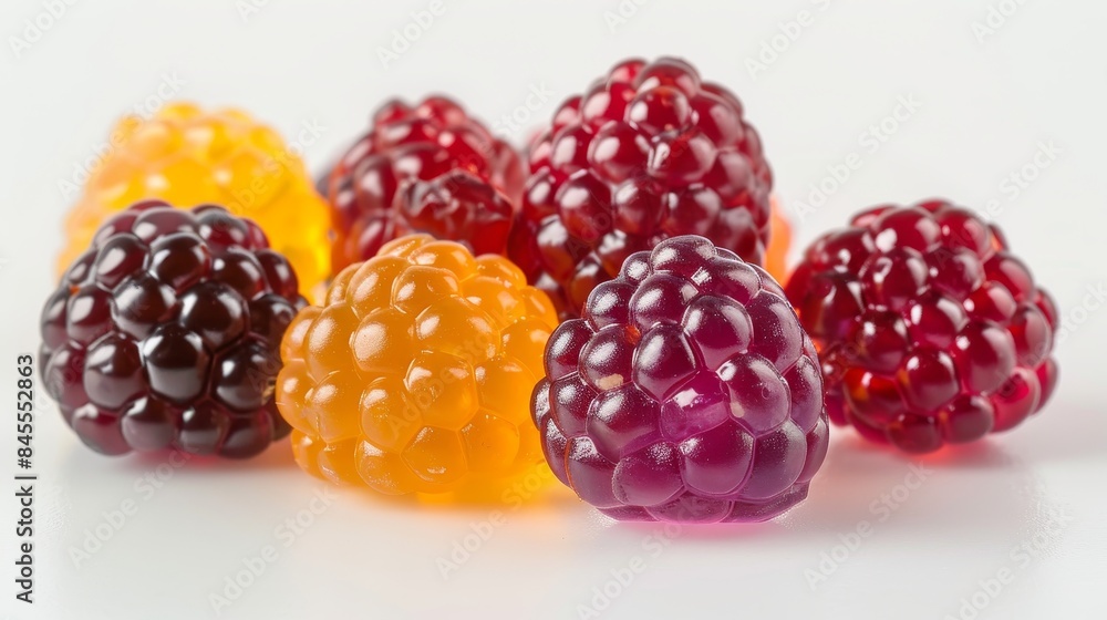 Close-up view of assorted flavored jelly fruits, shaped like raspberries, with a glossy finish under studio lighting, isolated background for advertising Close-up view of assorted flavored jelly fruits, shaped like raspberries, with a glossy finish under studio lighting, isolated background for advertising