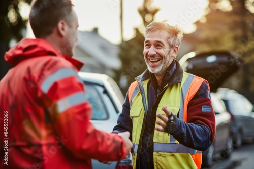 Customer Expressing Gratitude to Roadside Assistance Technician for Excellent Service © spyrakot