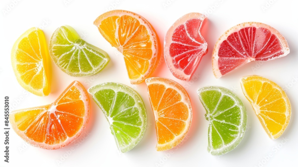 Fototapeta premium Colorful jelly fruit snacks including orange-shaped jellies, top view, isolated on a clean white background with professional studio lighting