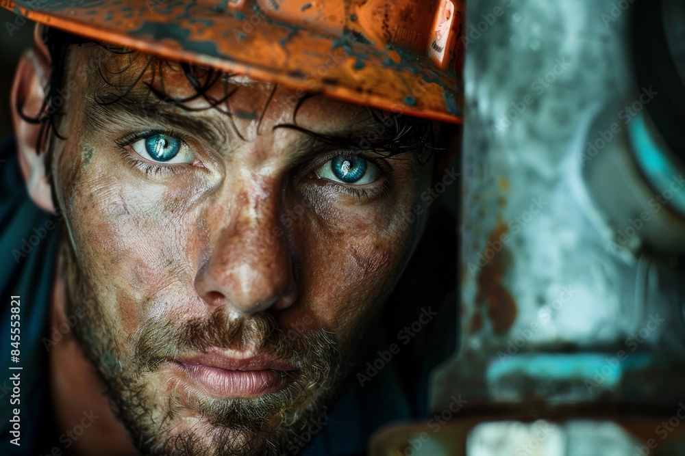 Focused Plumber with Determined Expression Amidst Rusty Pipes During Emergency Repair Focused Plumber with Determined Expression Amidst Rusty Pipes During Emergency Repair