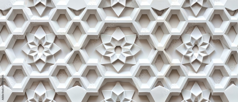 A white wall with a pattern of flowers and hexagons A white wall with a pattern of flowers and hexagons