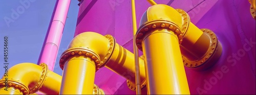 Close up of yellow pipes on a purple background, with a yellow and violet colour scheme, from a low angle shot.