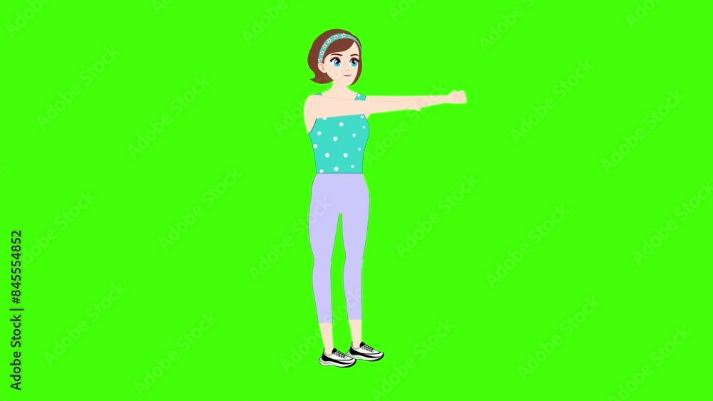 Female cartoon character doing exercise on green screen. Fitness and workout, healthy lifestyle concepts. 4k, Looped 2D animation. Female cartoon character doing exercise on green screen. Fitness and workout, healthy lifestyle concepts. 4k, Looped 2D animation.